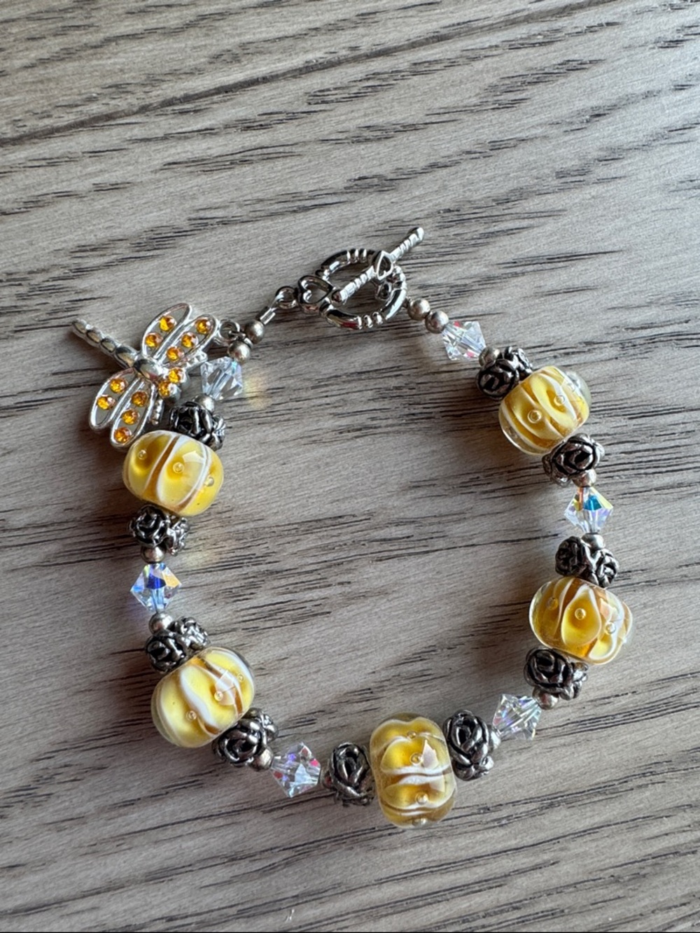Yellow Glass Bead & Silver Rose Charm Bracelet